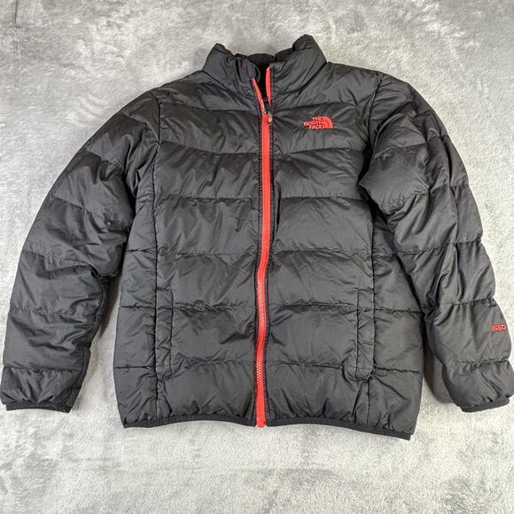 The North Face Jacket Boys Large 14/16 Black 550 Down Puffer Red Zip Logo Coat - Picture 1 of 12